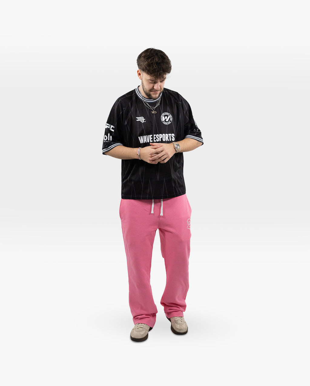 Wave Esports baby pink straight-leg sweatpants, Drexler front posed