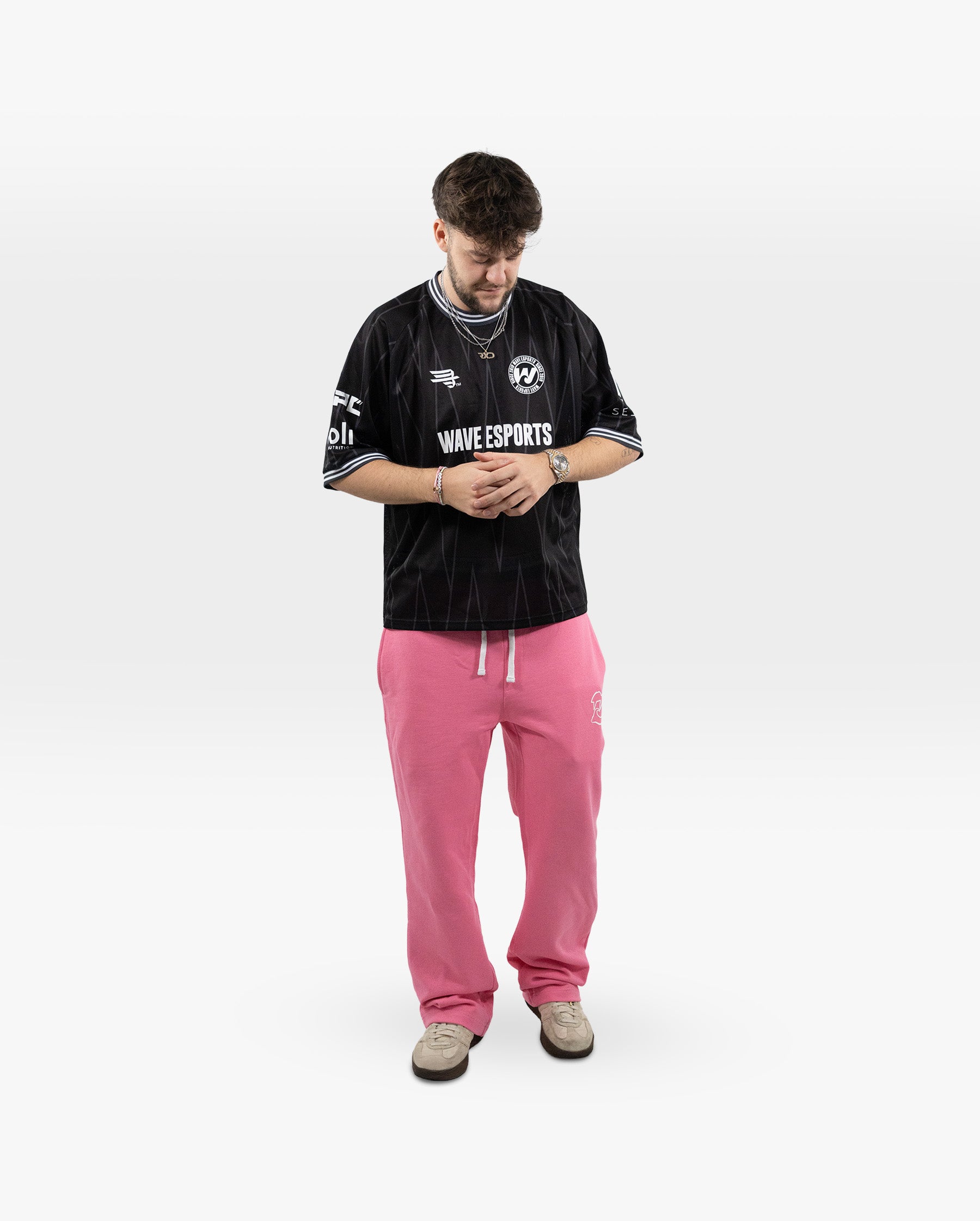 Wave Esports baby pink straight-leg sweatpants, Drexler front posed